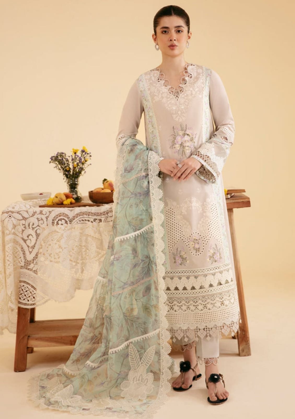 QALAMKAR Lawn Chikankari with Khaadi Net Dopatta