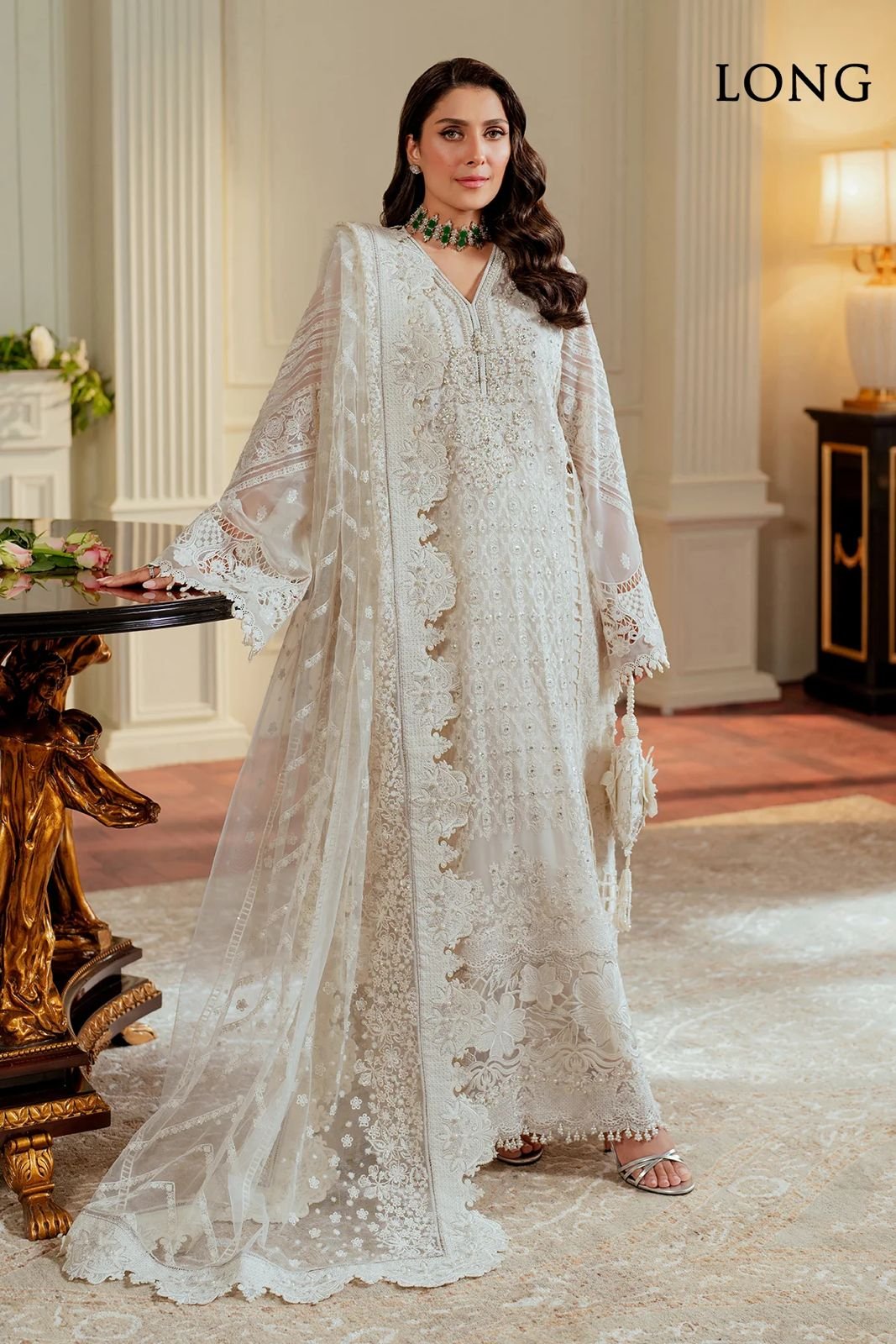 BAROQUE Organza Pearl work with Stone, Silk Trouser with Khaadi Net Cutwork Dopatta