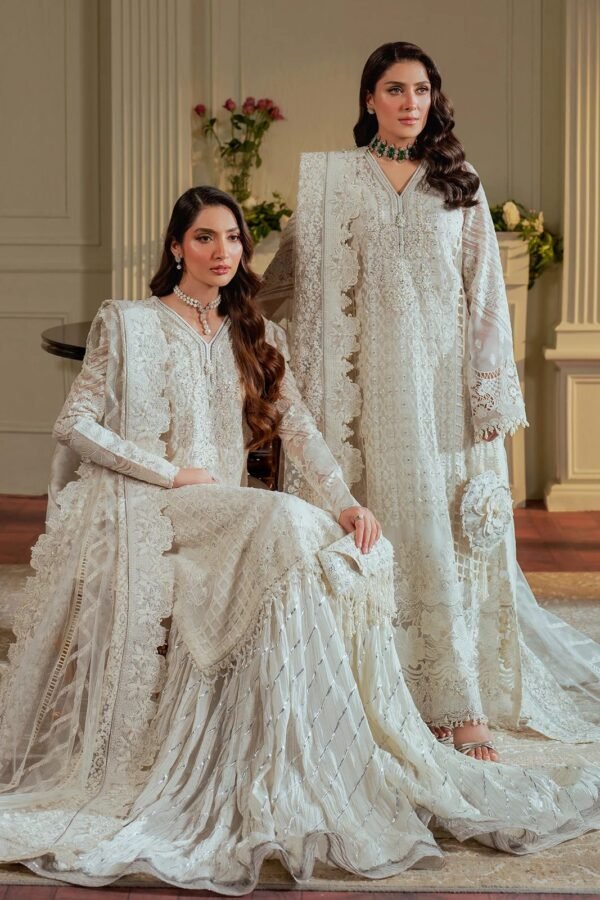 BAROQUE Organza Pearl work with Stone, Silk Trouser with Khaadi Net Cutwork Dopatta - Image 2