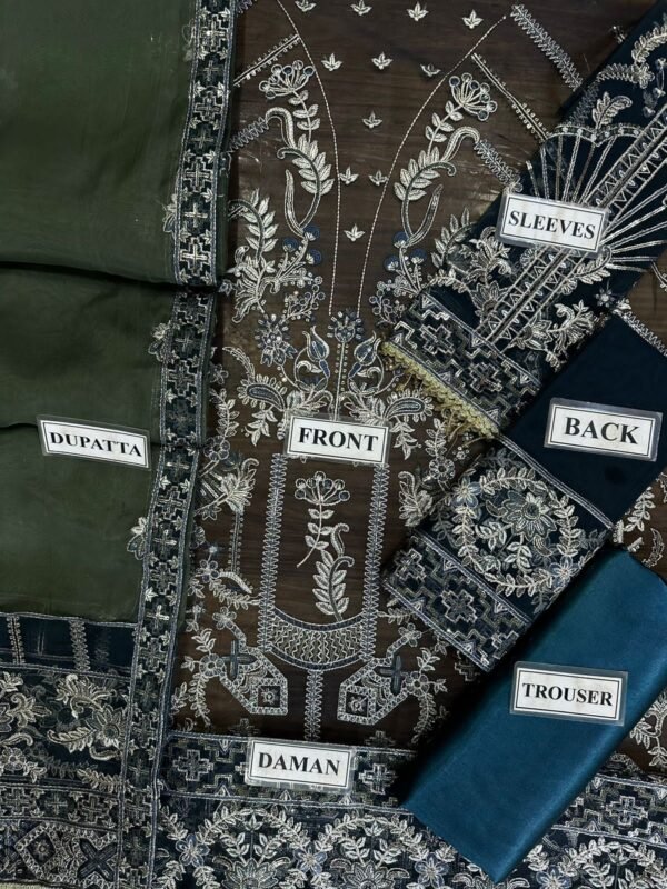 BAROQUE Organza Embroiderd Sequins work Silk Trouser with Organza Dopatta - Image 4