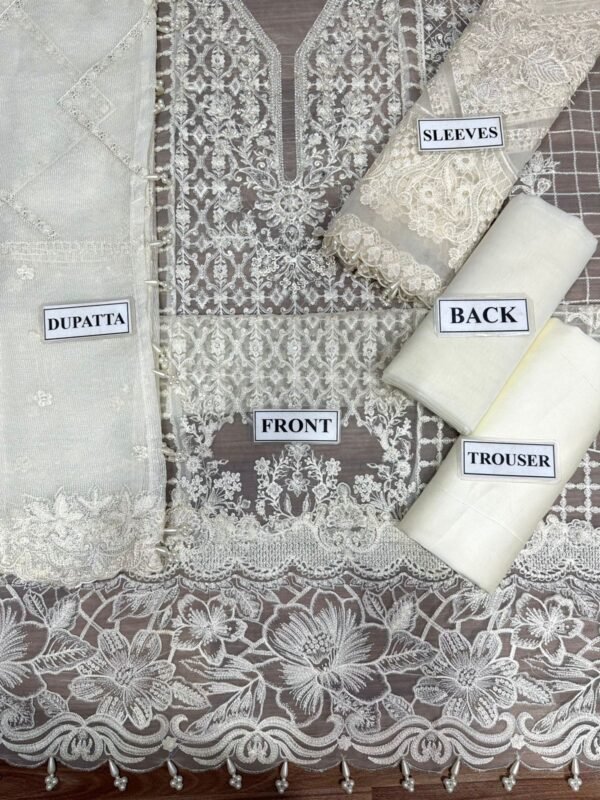 BAROQUE Organza Pearl work with Stone, Silk Trouser with Khaadi Net Cutwork Dopatta - Image 4