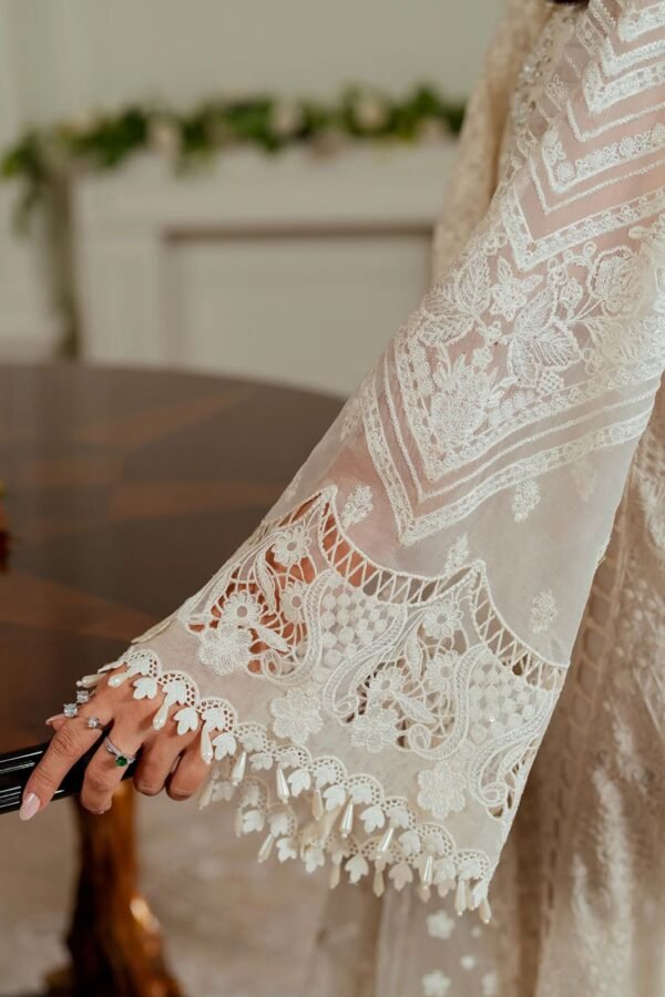 BAROQUE Organza Pearl work with Stone, Silk Trouser with Khaadi Net Cutwork Dopatta - Image 3