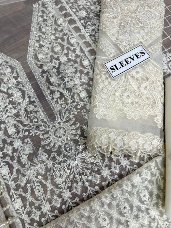 BAROQUE Organza Pearl work with Stone, Silk Trouser with Khaadi Net Cutwork Dopatta - Image 5