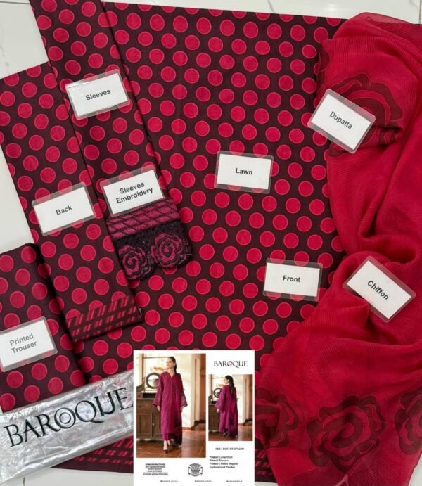 BAROQUE Lawn Printed with Emb Patches with Chiffon Dopatta - Image 2