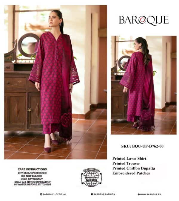 BAROQUE Lawn Printed with Emb Patches with Chiffon Dopatta