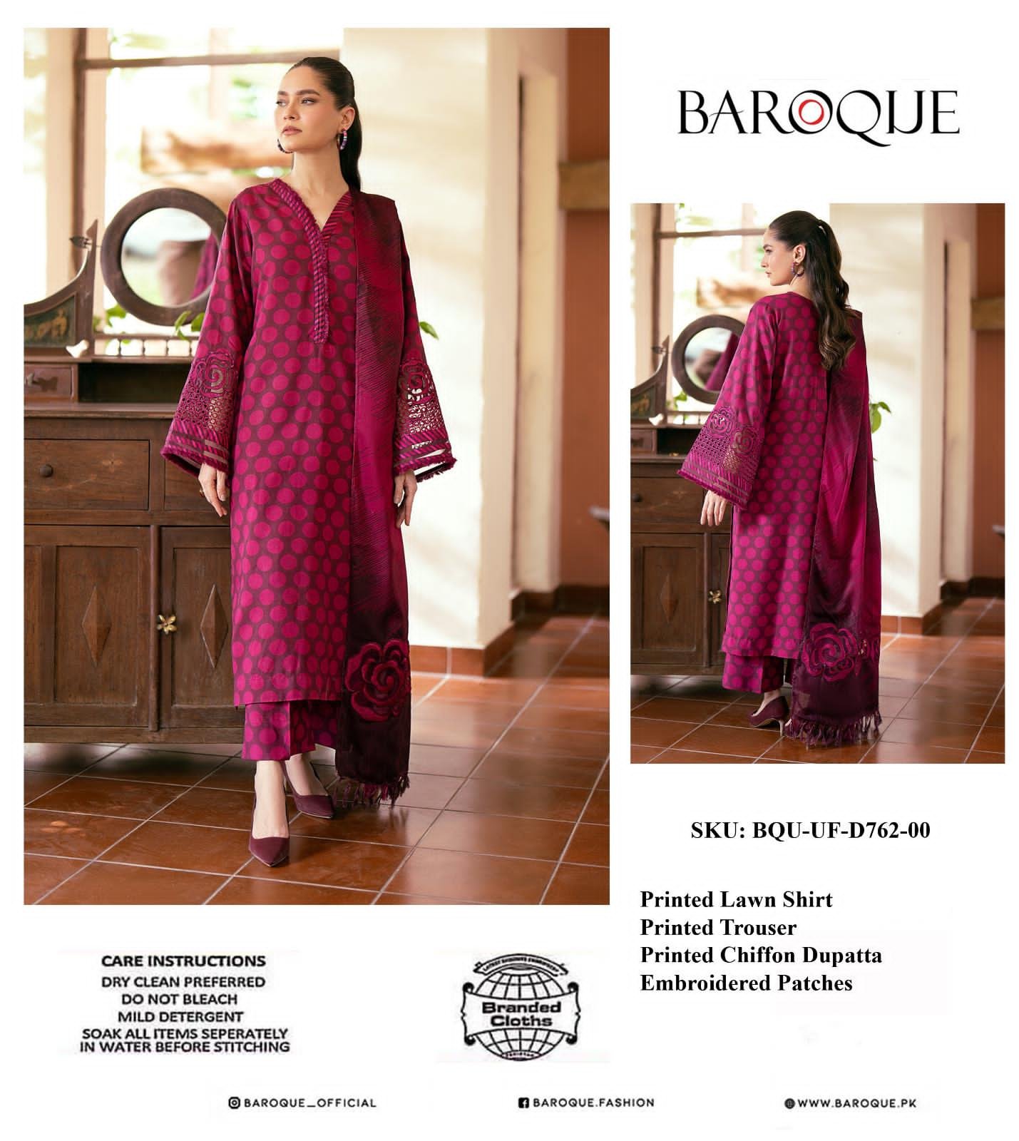 BAROQUE Lawn Printed with Emb Patches with Chiffon Dopatta