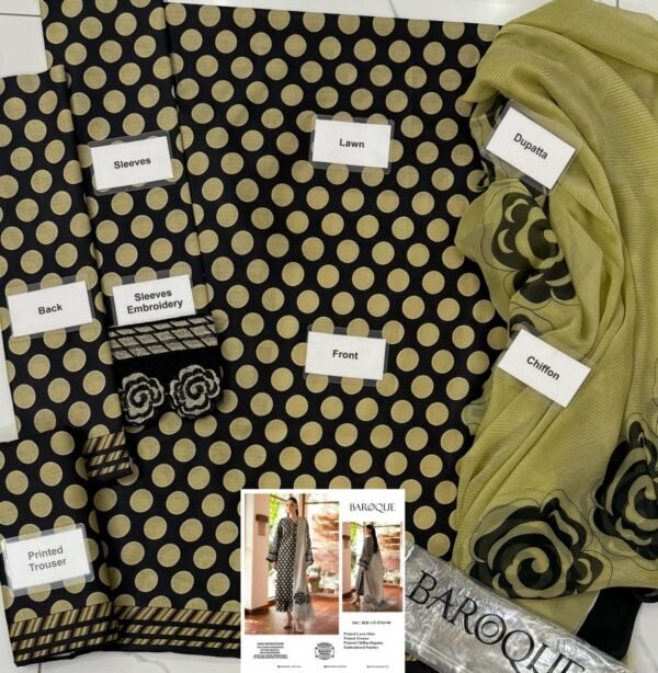 BAROQUE Lawn Printed with Emb Patches with Chiffon Dopatta - Image 2