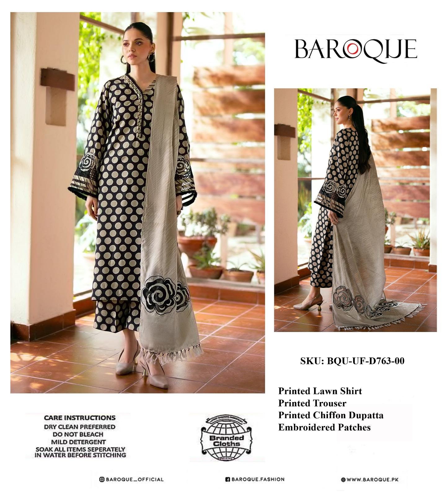 BAROQUE Lawn Printed with Emb Patches with Chiffon Dopatta